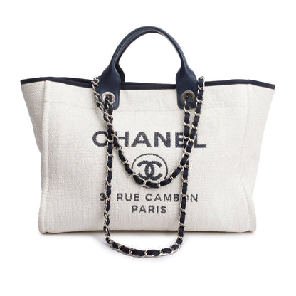 Chanel White Canvas Navy Calfskin Leather Trim Medium Deauville Shopping Tote