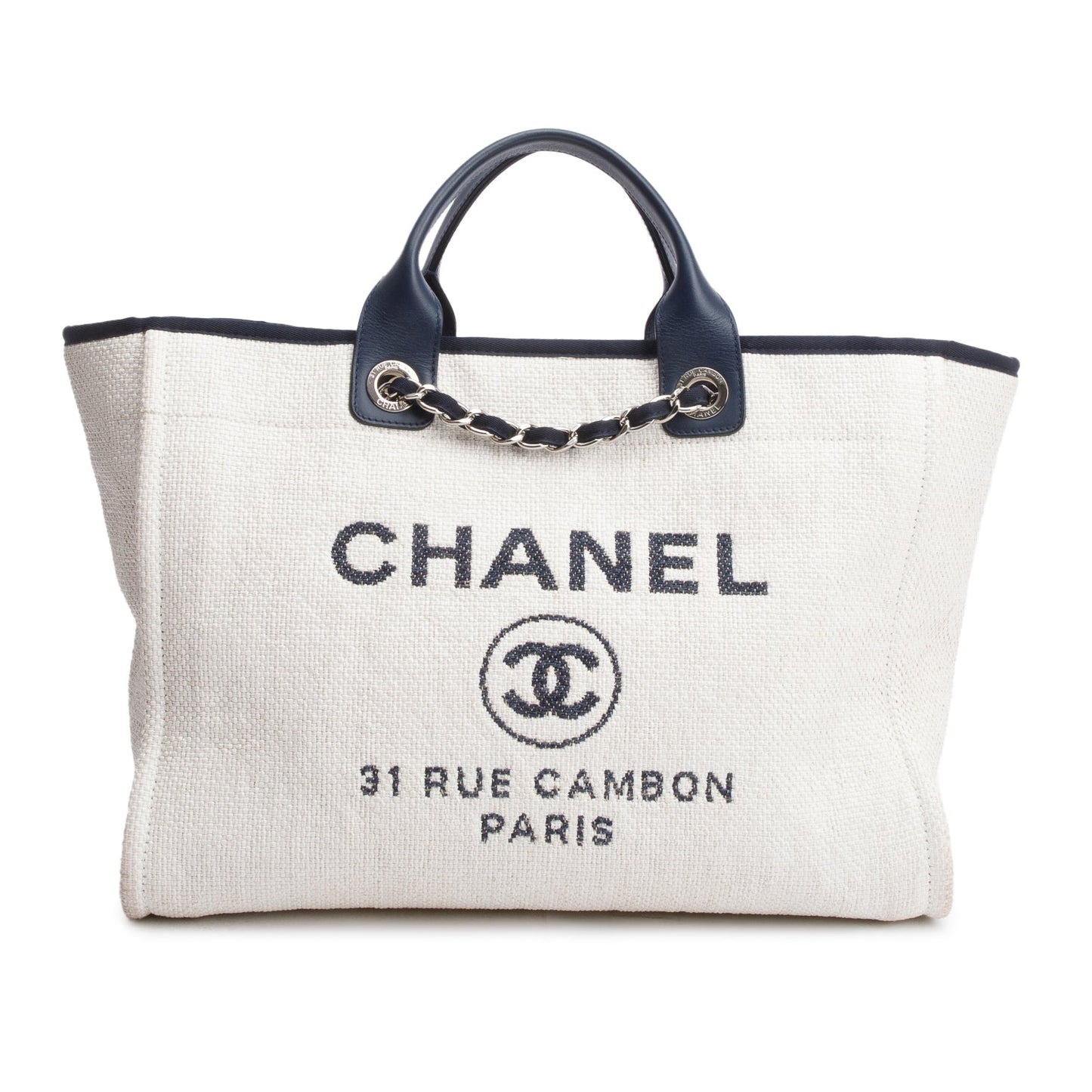 Chanel White Canvas Navy Calfskin Leather Trim Medium Deauville Shopping Tote