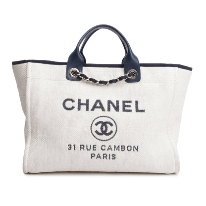 Chanel White Canvas Navy Calfskin Leather Trim Medium Deauville Shopping Tote