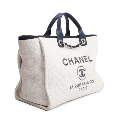 Chanel White Canvas Navy Calfskin Leather Trim Medium Deauville Shopping Tote