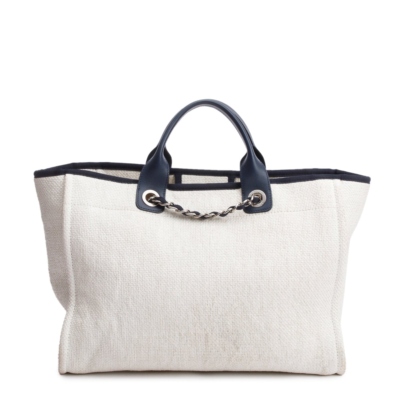 Chanel White Canvas Navy Calfskin Leather Trim Medium Deauville Shopping Tote