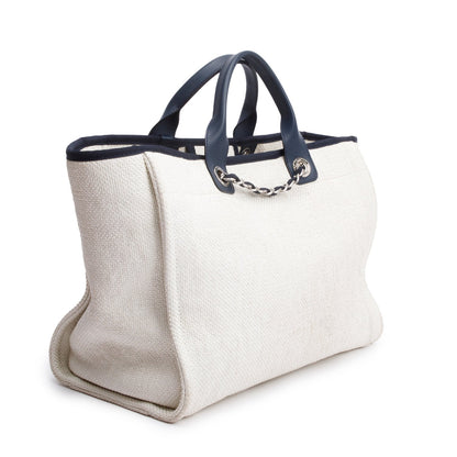 Chanel White Canvas Navy Calfskin Leather Trim Medium Deauville Shopping Tote