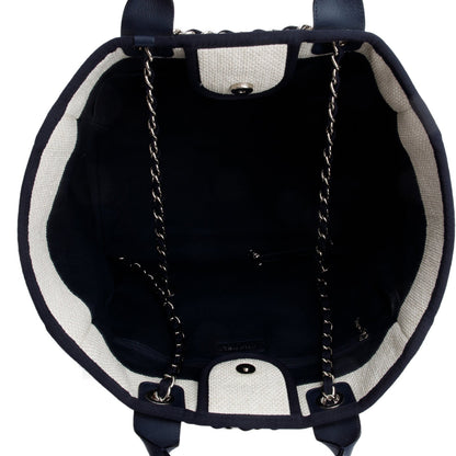 Chanel White Canvas Navy Calfskin Leather Trim Medium Deauville Shopping Tote