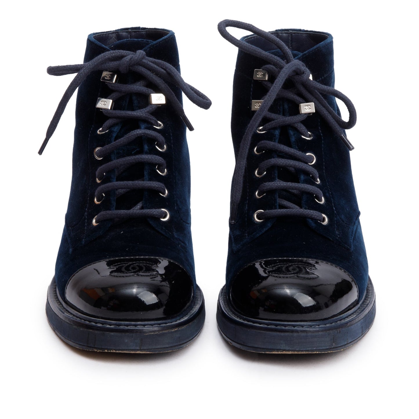 Chanel Blue Velvet Interlocking CC Logo Lace Up Ankle Boots, Size 37