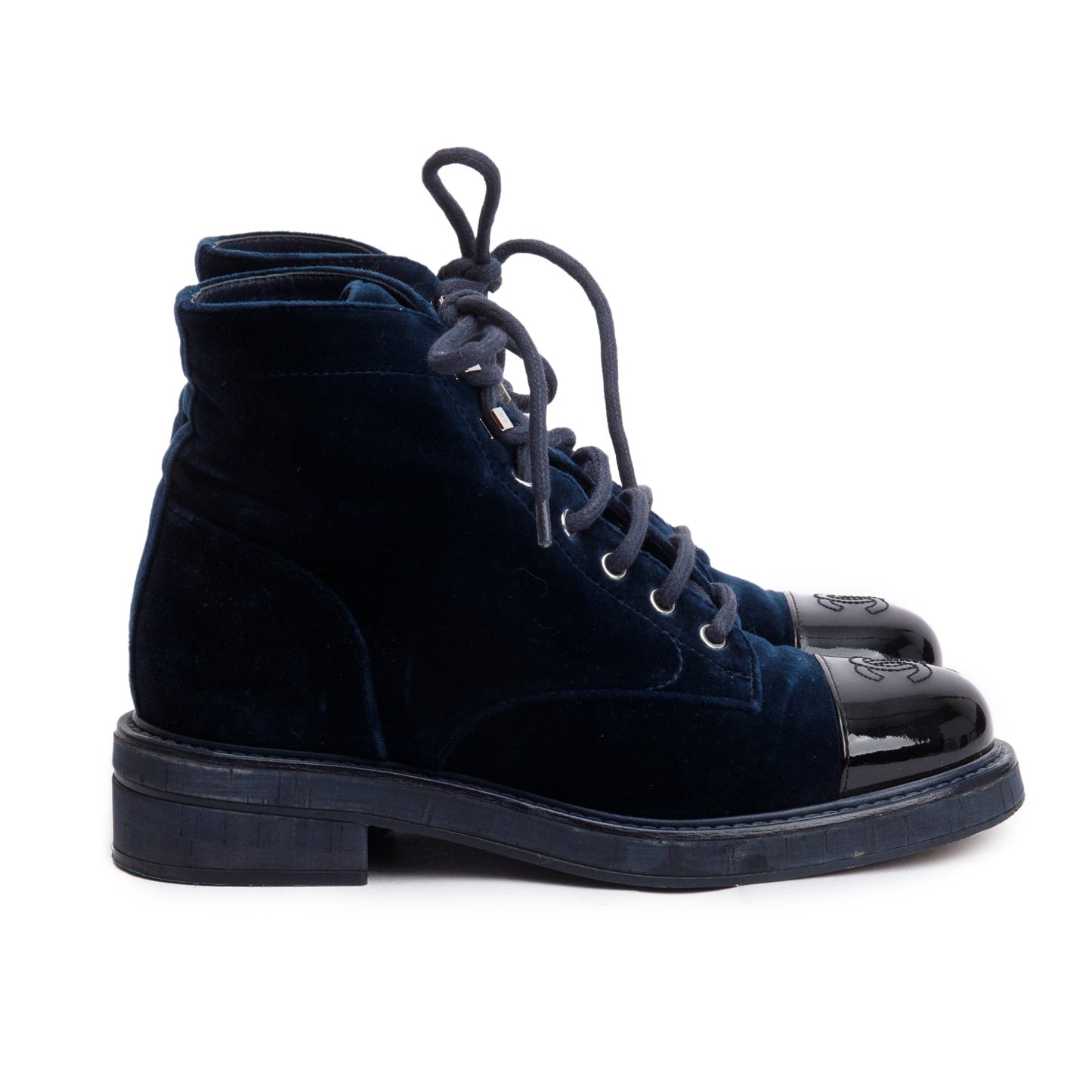 Chanel Blue Velvet Interlocking CC Logo Lace Up Ankle Boots, Size 37