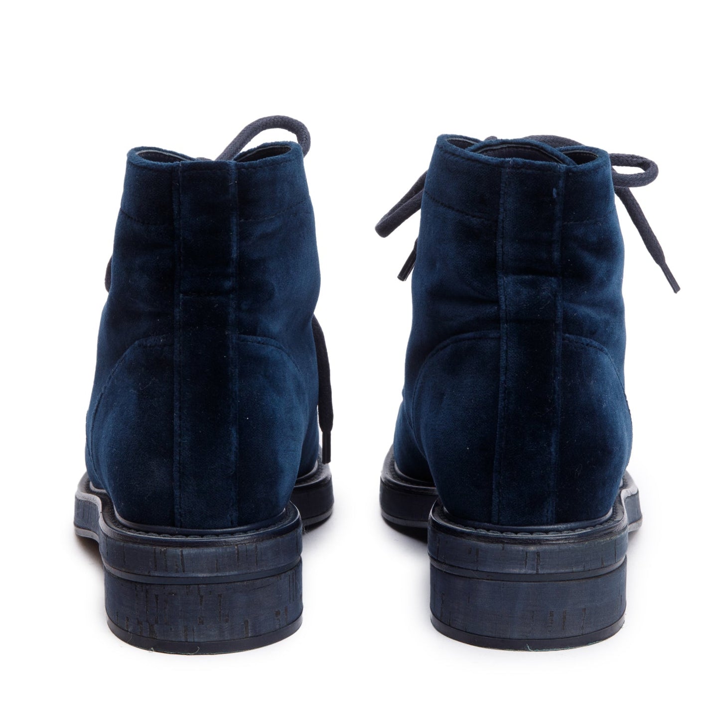 Chanel Blue Velvet Interlocking CC Logo Lace Up Ankle Boots, Size 37