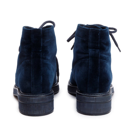 Chanel Blue Velvet Interlocking CC Logo Lace Up Ankle Boots, Size 37