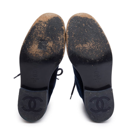 Chanel Blue Velvet Interlocking CC Logo Lace Up Ankle Boots, Size 37
