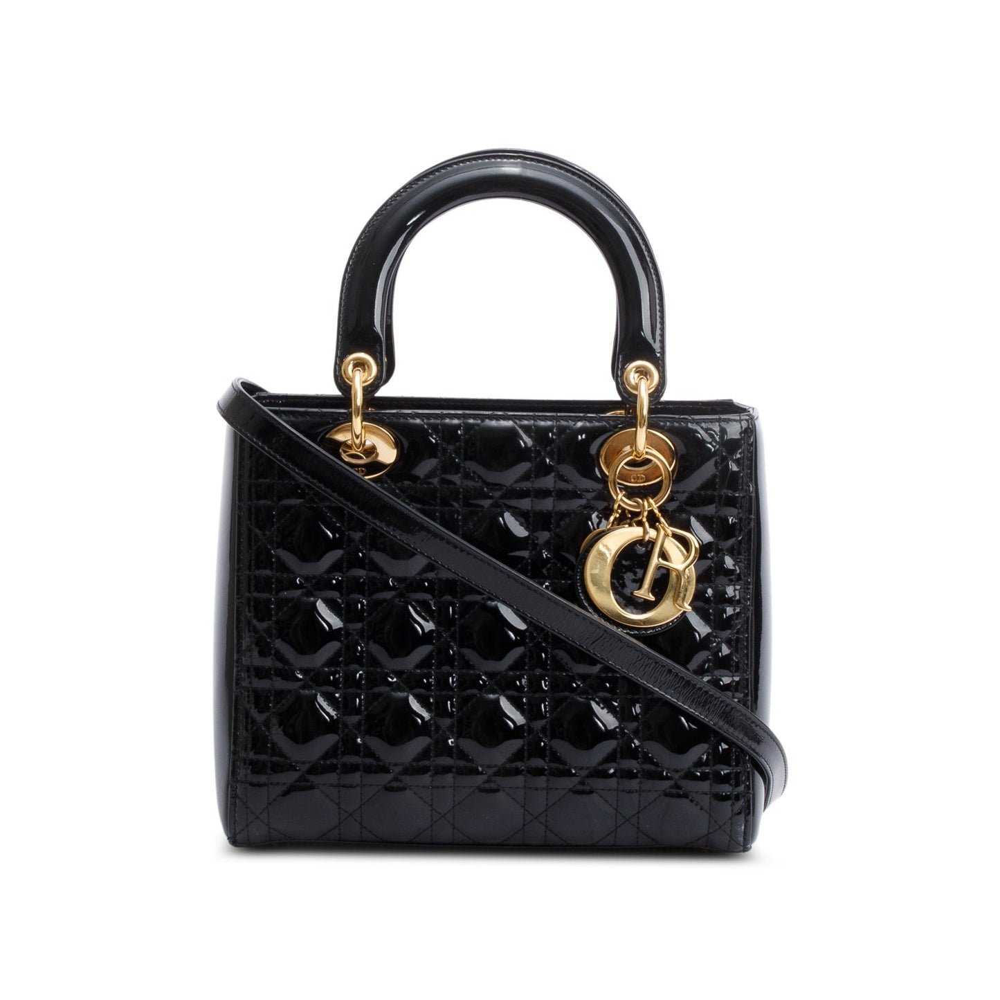 Christian Dior Black Cannage Patent Leather Medium Lady Dior Bag