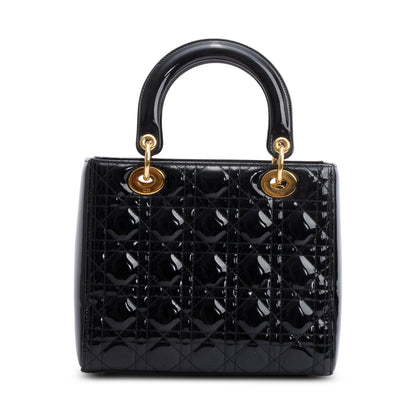 Christian Dior Black Cannage Patent Leather Medium Lady Dior Bag
