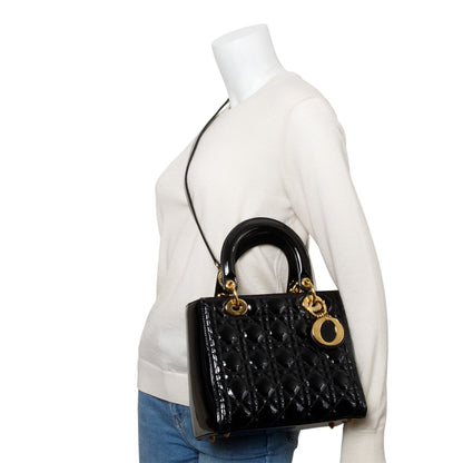 Christian Dior Black Cannage Patent Leather Medium Lady Dior Bag