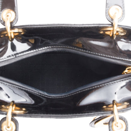 Christian Dior Black Cannage Patent Leather Medium Lady Dior Bag