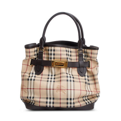 Burberry House Check Brown Leather Trim Medium Golderton Tote