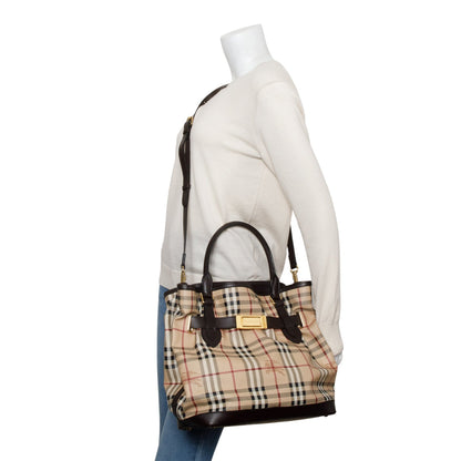 Burberry House Check Brown Leather Trim Medium Golderton Tote