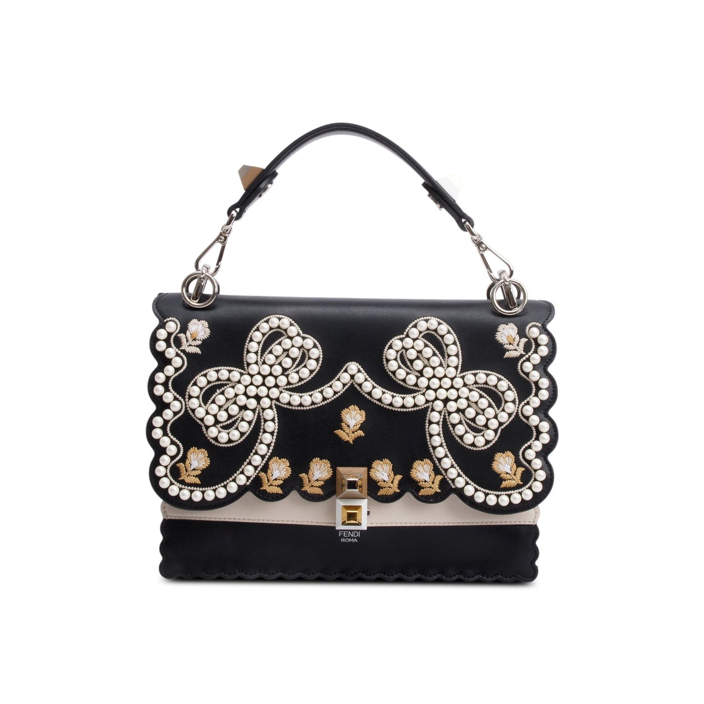 Fendi Black Calfskin Leather Faux Pearl Medium Kan I Scallop Handle Bag