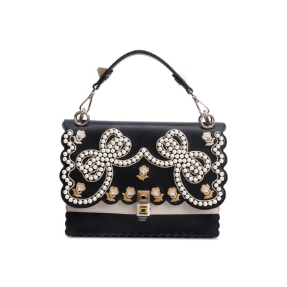 Fendi Black Calfskin Leather Faux Pearl Medium Kan I Scallop Handle Bag