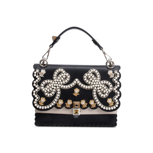 Fendi Black Calfskin Leather Faux Pearl Medium Kan I Scallop Handle Bag