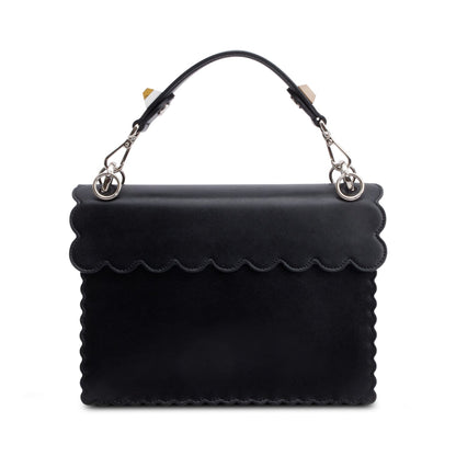 Fendi Black Calfskin Leather Faux Pearl Medium Kan I Scallop Handle Bag