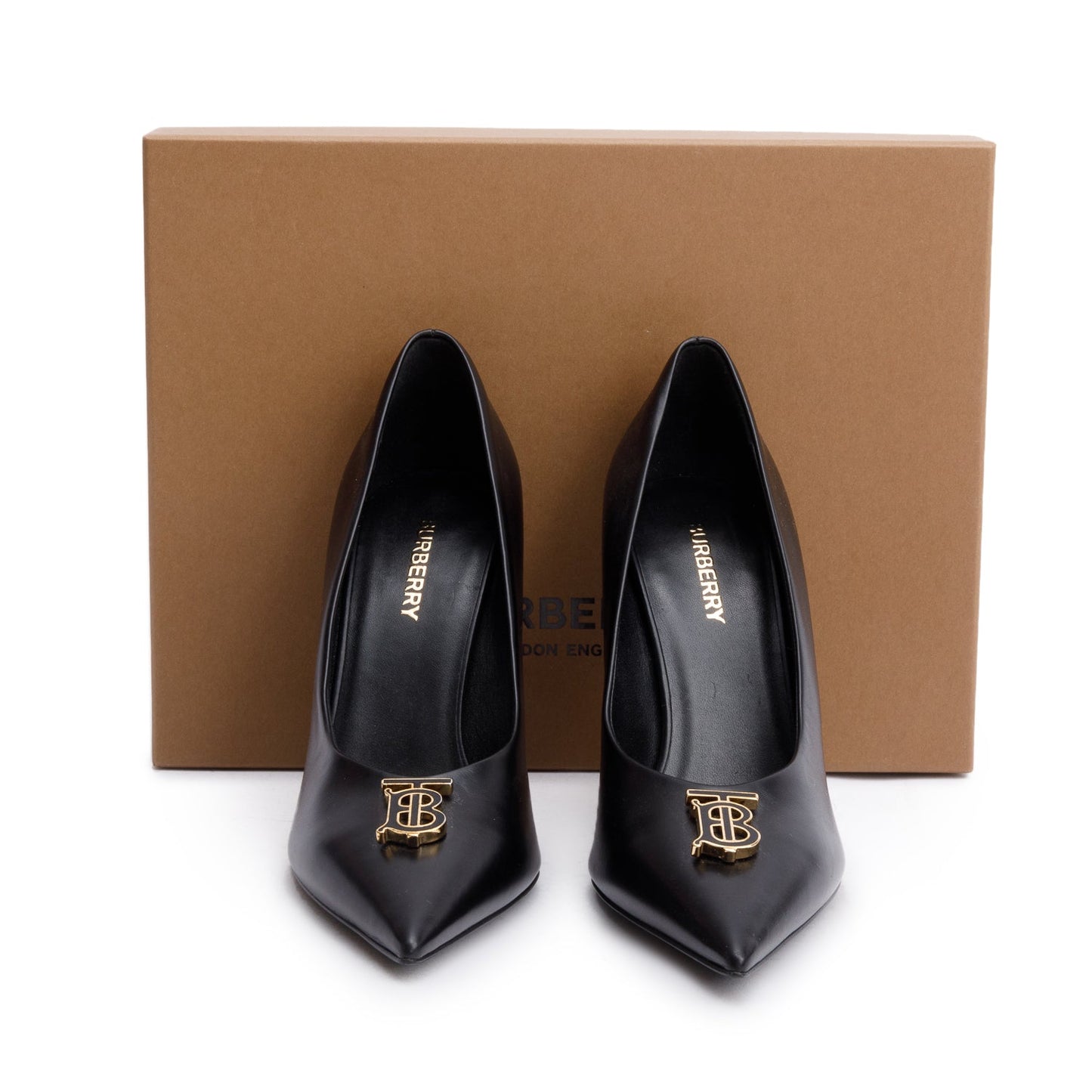 Burberry Black Leather TB Pumps, Size 38