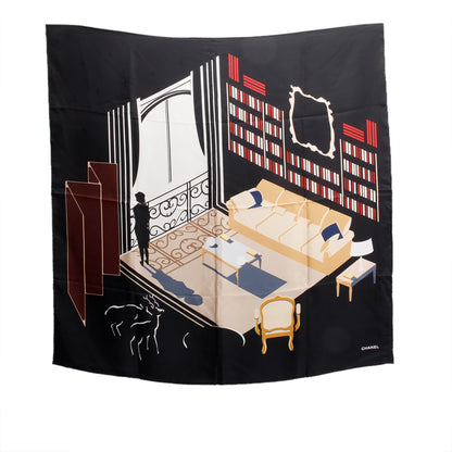 Chanel Black Printed Silk Scarf