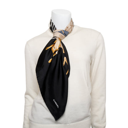Chanel Black Printed Silk Scarf