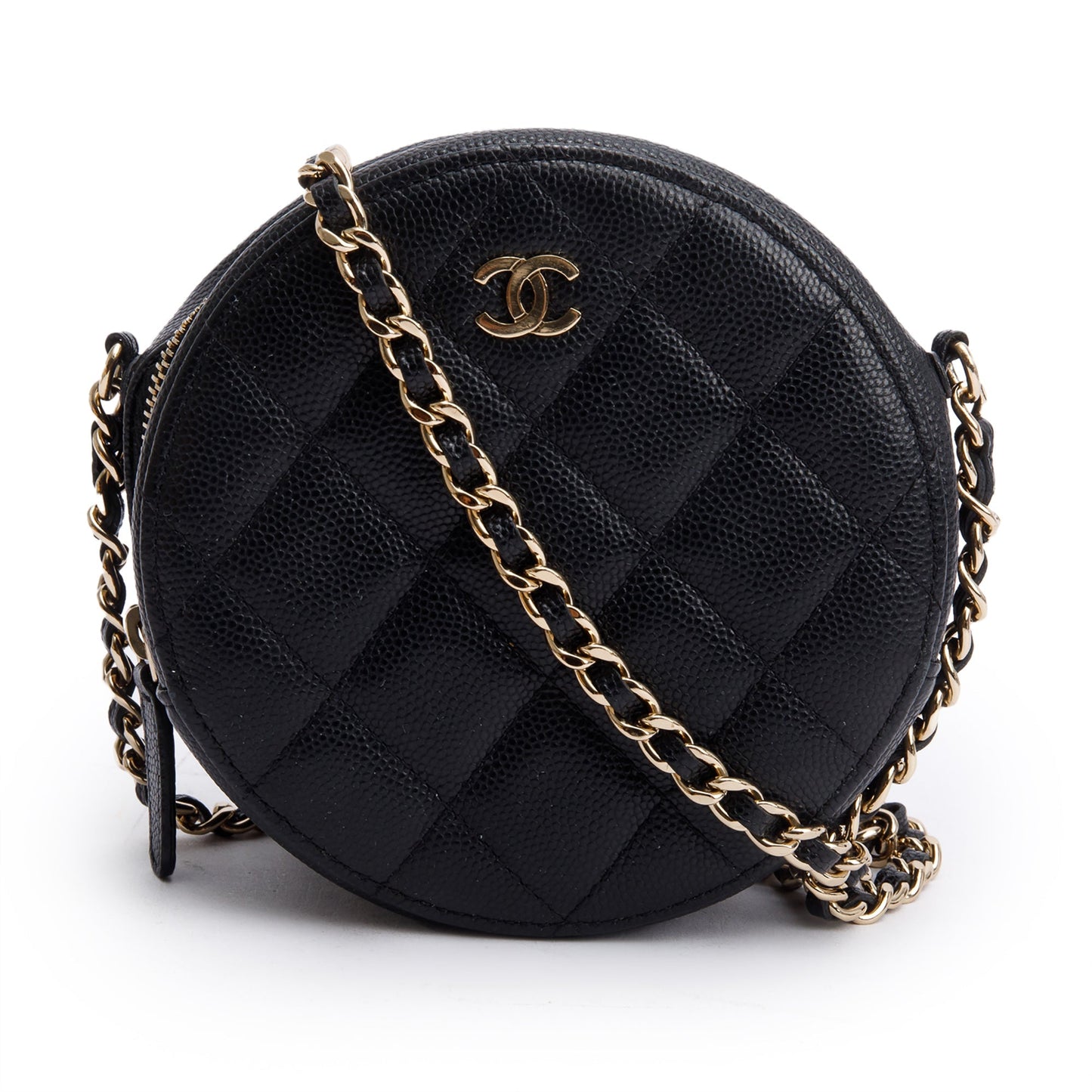 Chanel Black Caviar Leather Round Clutch with Chain