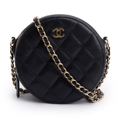 Chanel Black Caviar Leather Round Clutch with Chain