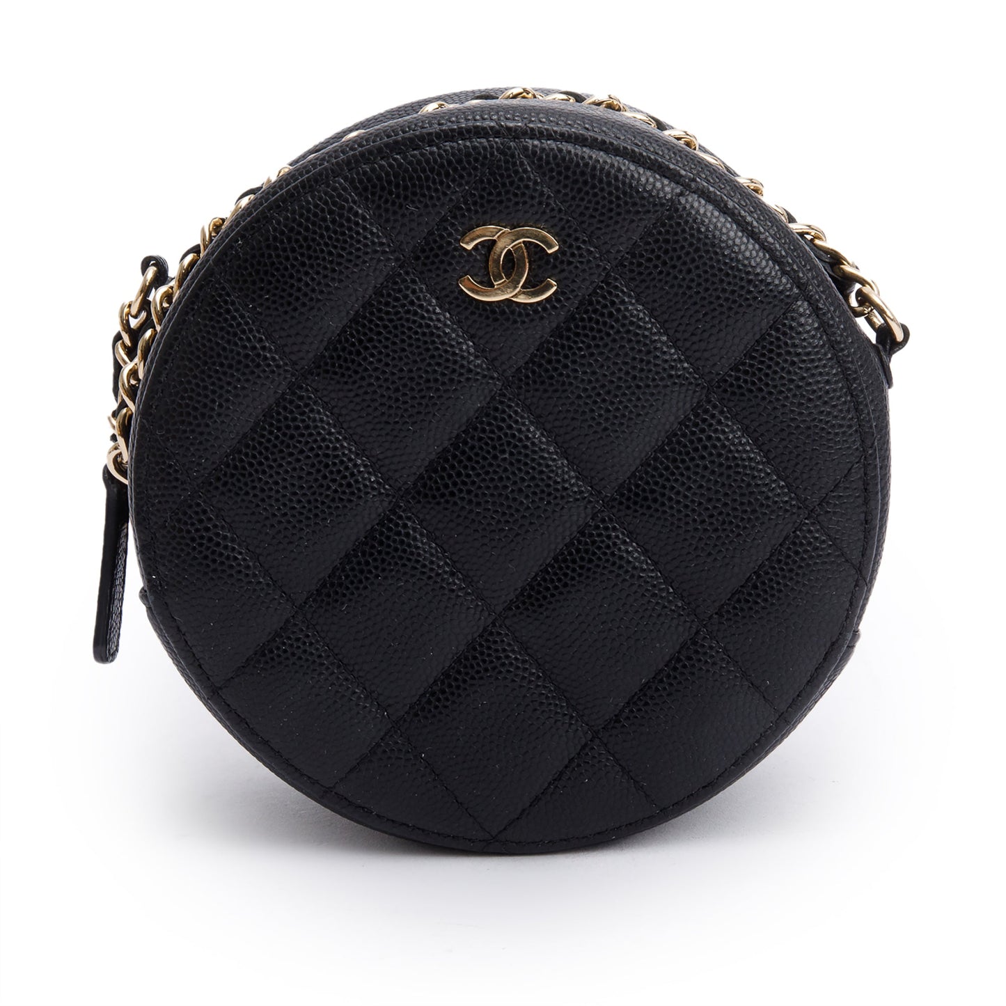 Chanel Black Caviar Leather Round Clutch with Chain