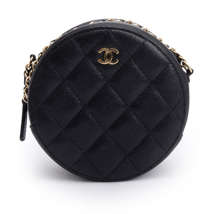 Chanel Black Caviar Leather Round Clutch with Chain