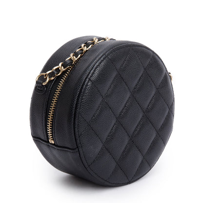 Chanel Black Caviar Leather Round Clutch with Chain