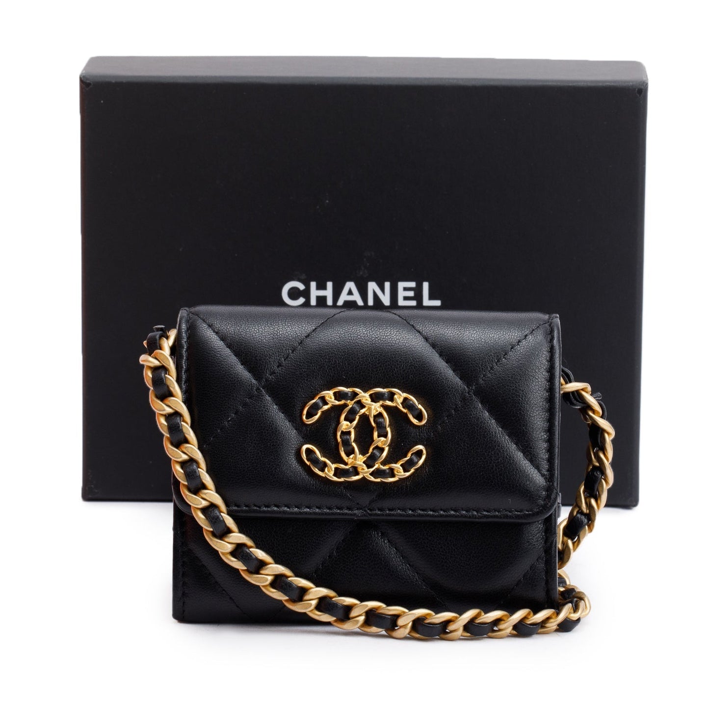 Chanel 2021 Black Lambskin Leather 19 Flap Coin Purse with Chain
