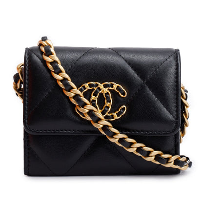 Chanel 2021 Black Lambskin Leather 19 Flap Coin Purse with Chain
