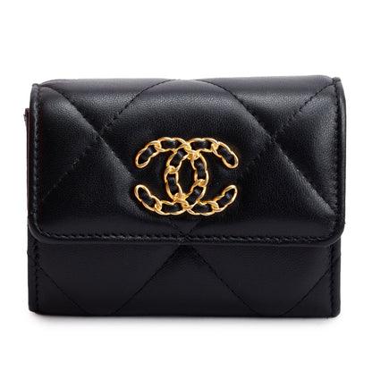 Chanel 2021 Black Lambskin Leather 19 Flap Coin Purse with Chain