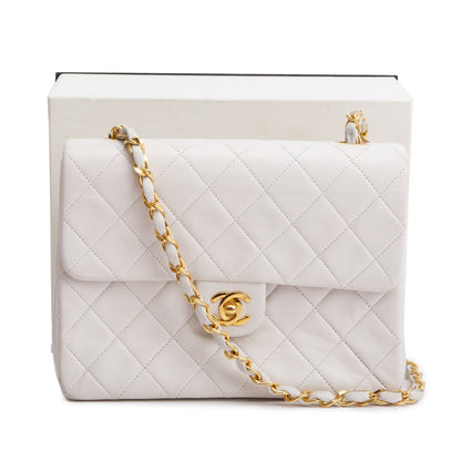 Chanel Vintage White Quilted Lambskin Leather Small Square Single Flap Bag