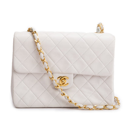 Chanel Vintage White Quilted Lambskin Leather Small Square Single Flap Bag