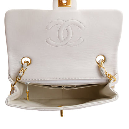 Chanel Vintage White Quilted Lambskin Leather Small Square Single Flap Bag