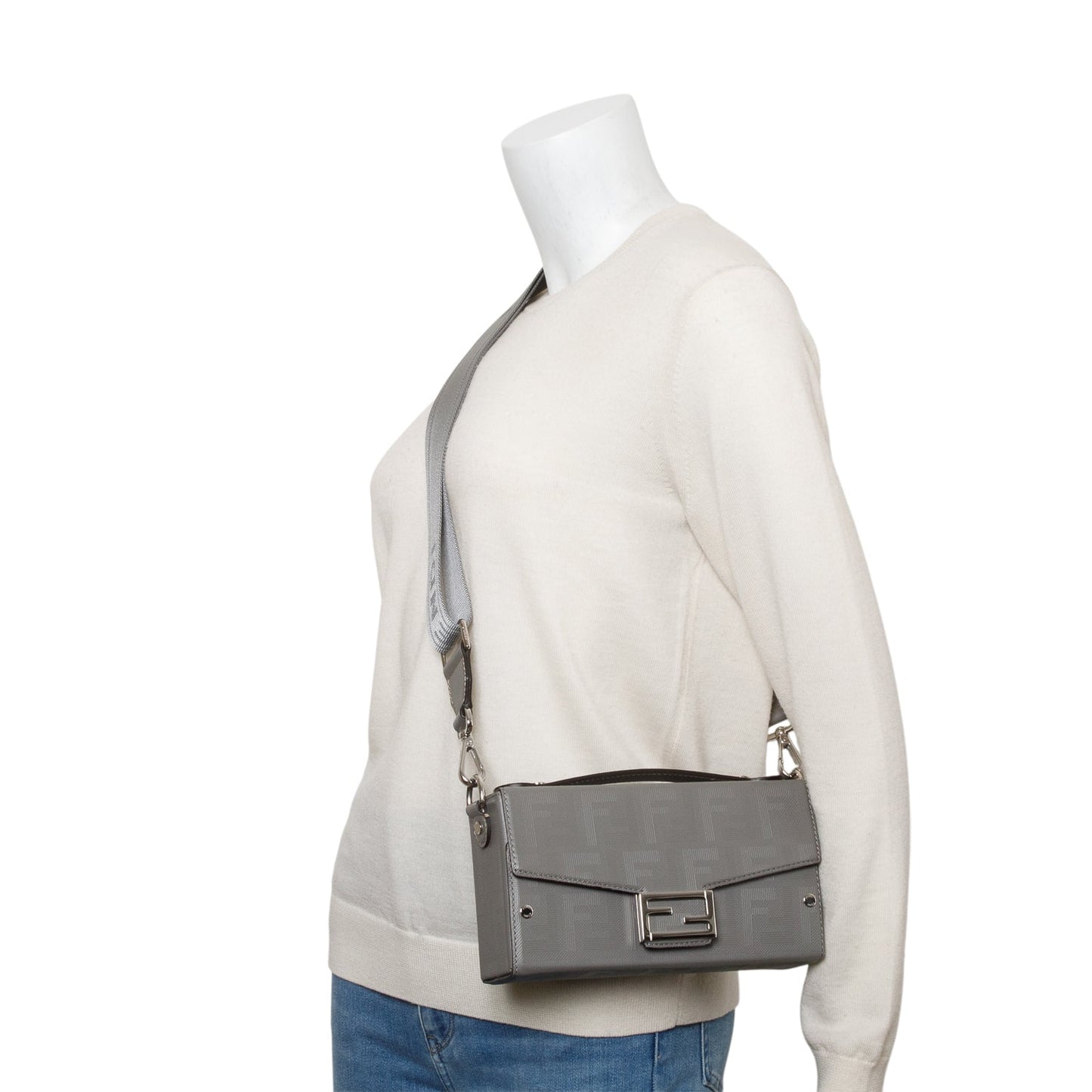 Fendi Grey Vitello King FF Lines Embossed Leather Soft Trunk Baguette