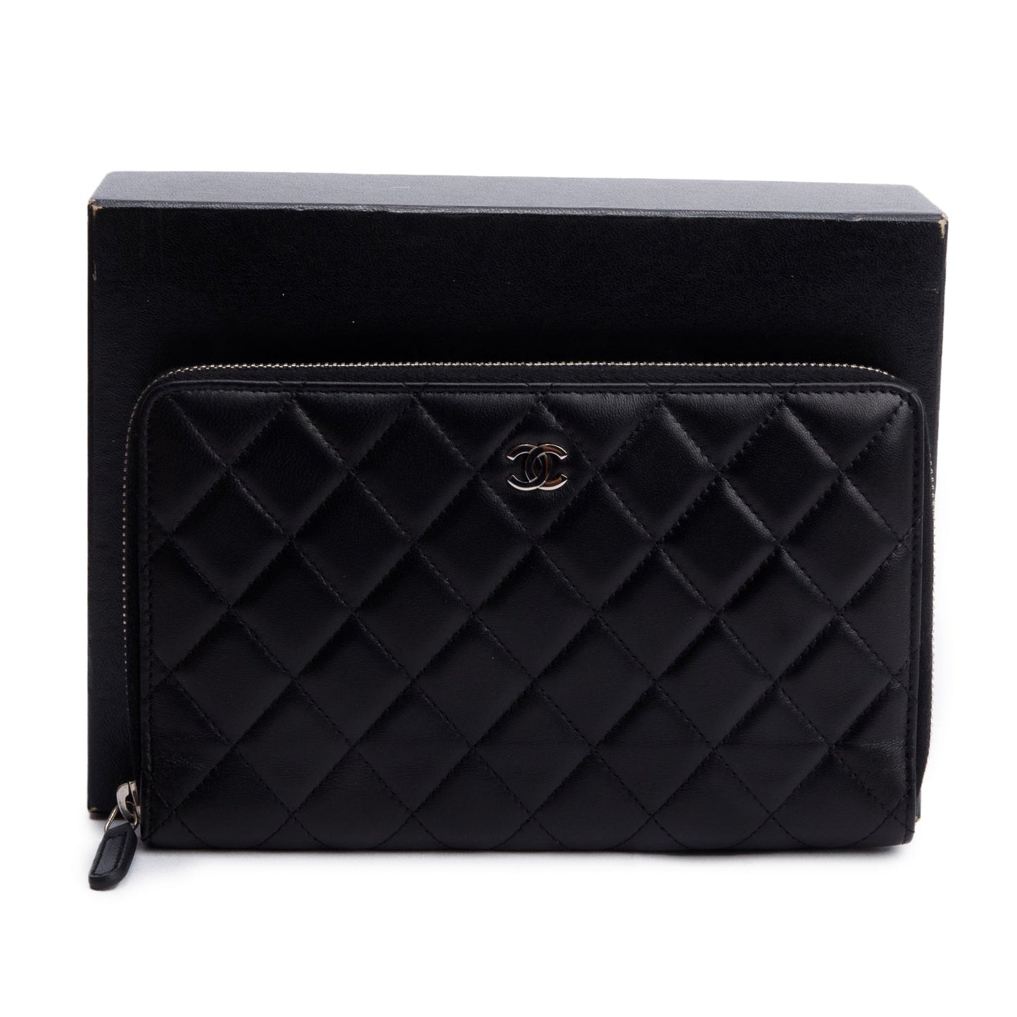 Chanel Black Lambskin Leather Large Zip Around Organizer Wallet