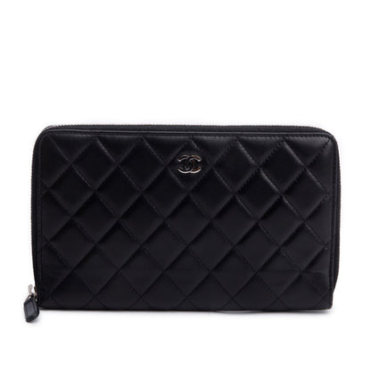 Chanel Black Lambskin Leather Large Zip Around Organizer Wallet
