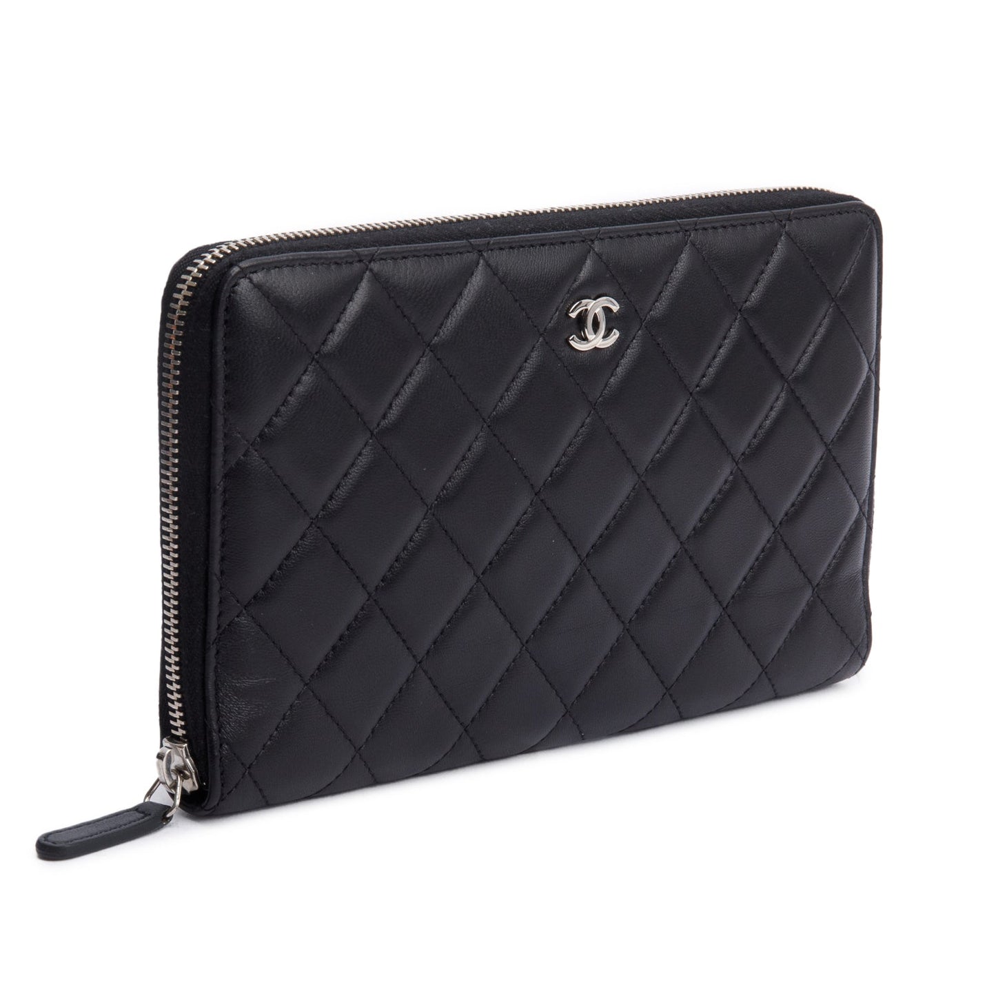 Chanel Black Lambskin Leather Large Zip Around Organizer Wallet