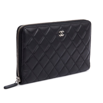 Chanel Black Lambskin Leather Large Zip Around Organizer Wallet