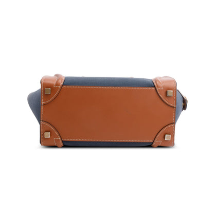 Celine 2020 Tan & Navy Bi-color Calfskin Leather Canvas Micro Luggage Tote