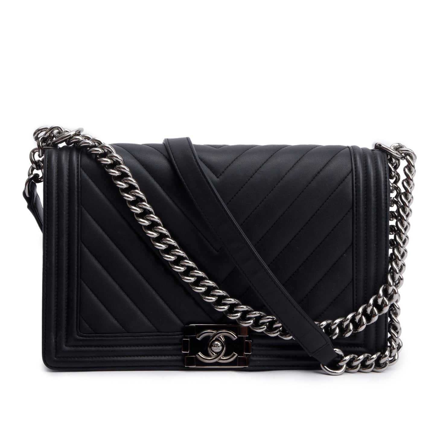 Chanel Black Chevron Quilted Lambskin Leather Large Boy Bag