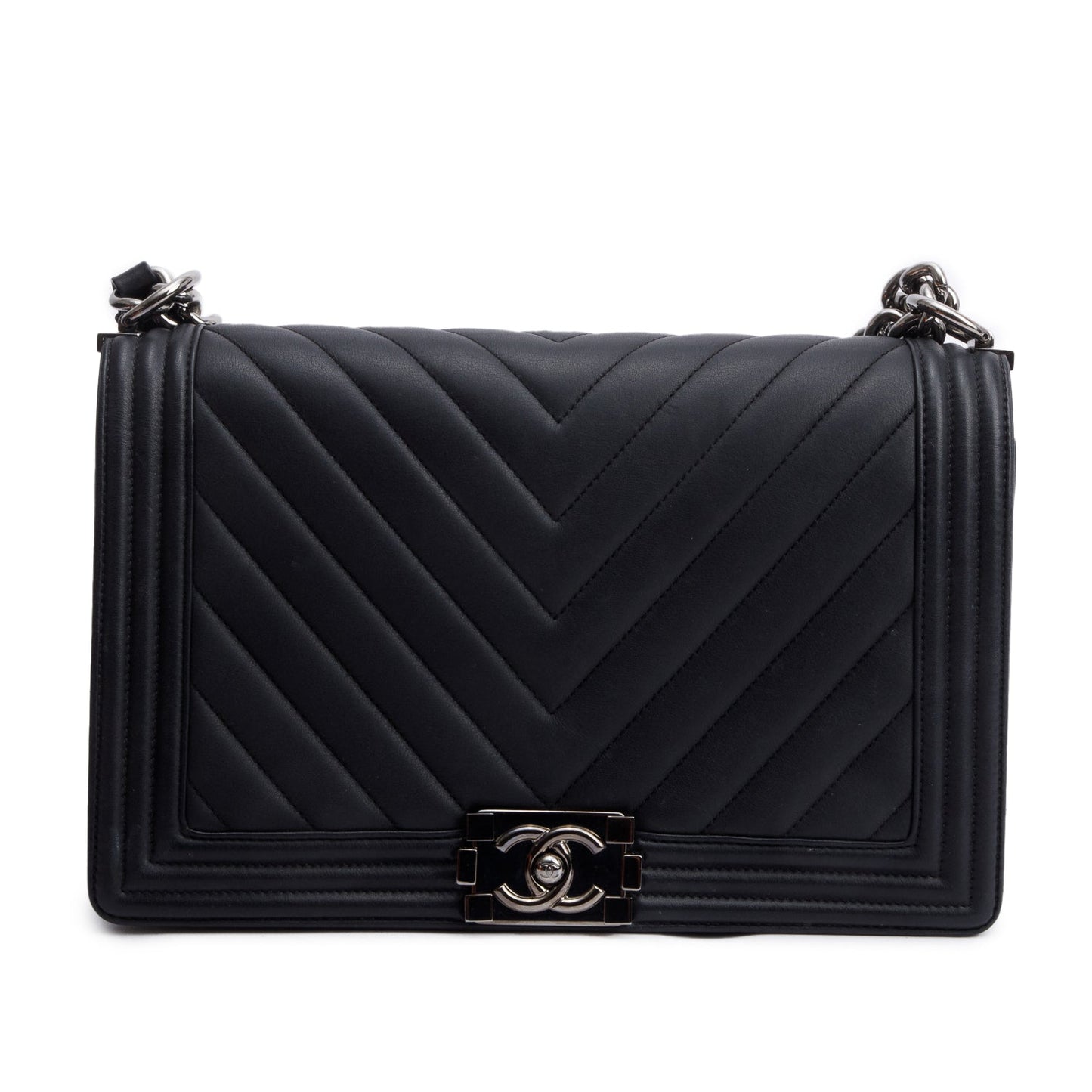 Chanel Black Chevron Quilted Lambskin Leather Large Boy Bag