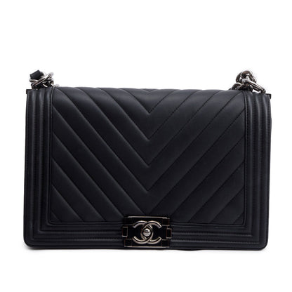 Chanel Black Chevron Quilted Lambskin Leather Large Boy Bag
