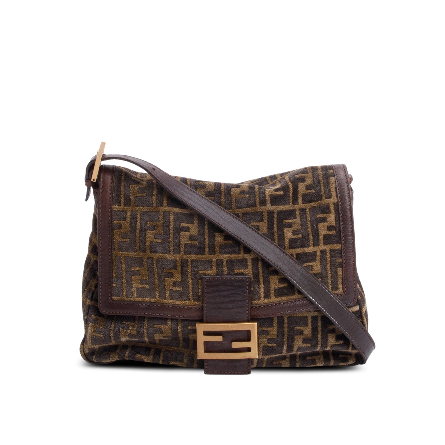 Fendi Brown FF Zucca Wool Brown Leather Trim Baguette Shoulder Bag
