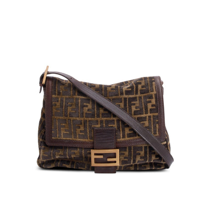 Fendi Brown FF Zucca Wool Brown Leather Trim Baguette Shoulder Bag