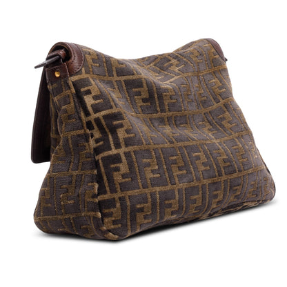 Fendi Brown FF Zucca Wool Brown Leather Trim Baguette Shoulder Bag