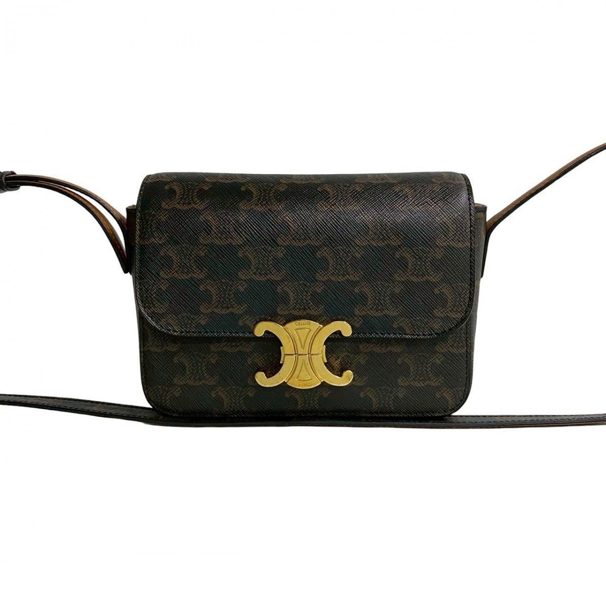 CELINE Shoulder Bag Leather, PVC Brown logo Metal Triomphe Mini Shoulder Women