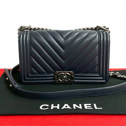 CHANEL Shoulder Bag leather Navy COCO Mark Restitch Boy chanel Women